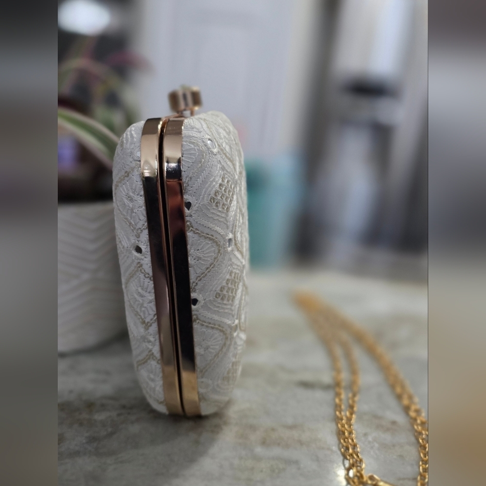 White & Gold Embroidered Box Clutch w/ Detachable Chain Strap - Picture 7 of 7